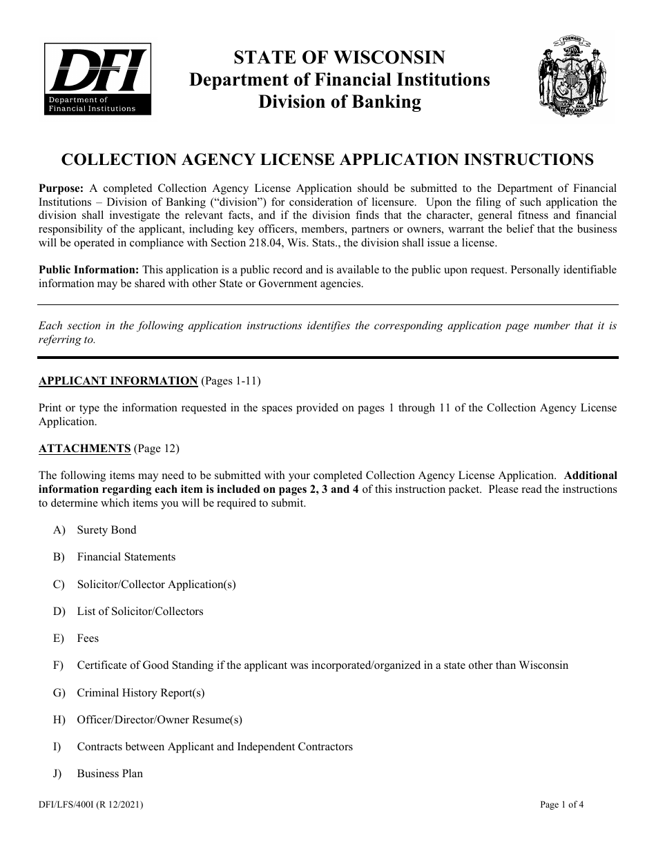 Form DFI / LFS / 400 Collection Agency License Application - Wisconsin, Page 1