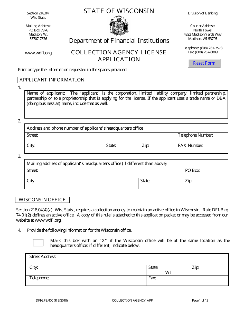 Form DFI / LFS / 400 Collection Agency License Application - Wisconsin, Page 5