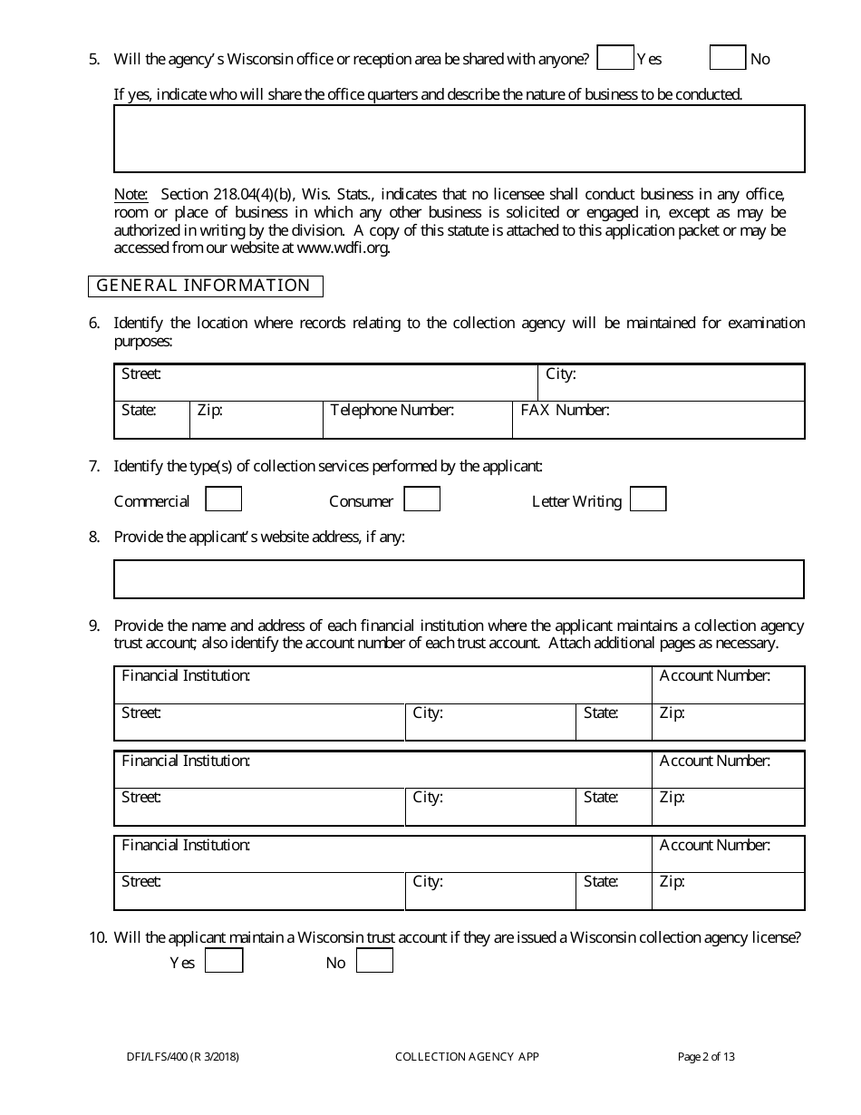 Form DFI / LFS / 400 Collection Agency License Application - Wisconsin, Page 6