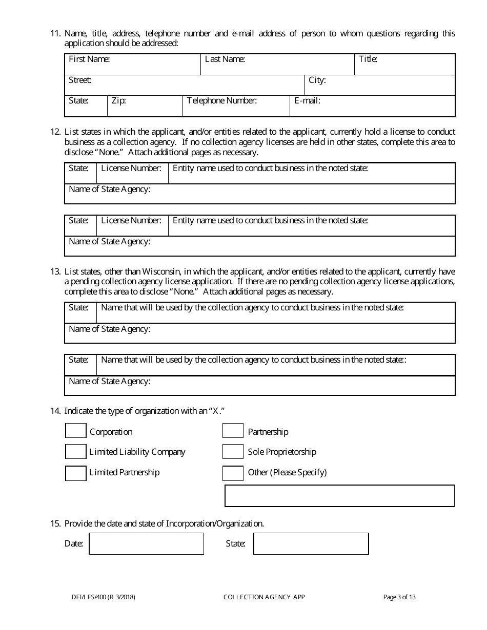 Form DFI / LFS / 400 Collection Agency License Application - Wisconsin, Page 7
