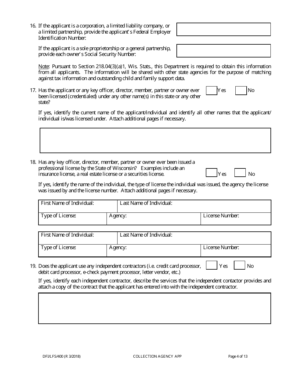 Form DFI / LFS / 400 Collection Agency License Application - Wisconsin, Page 8