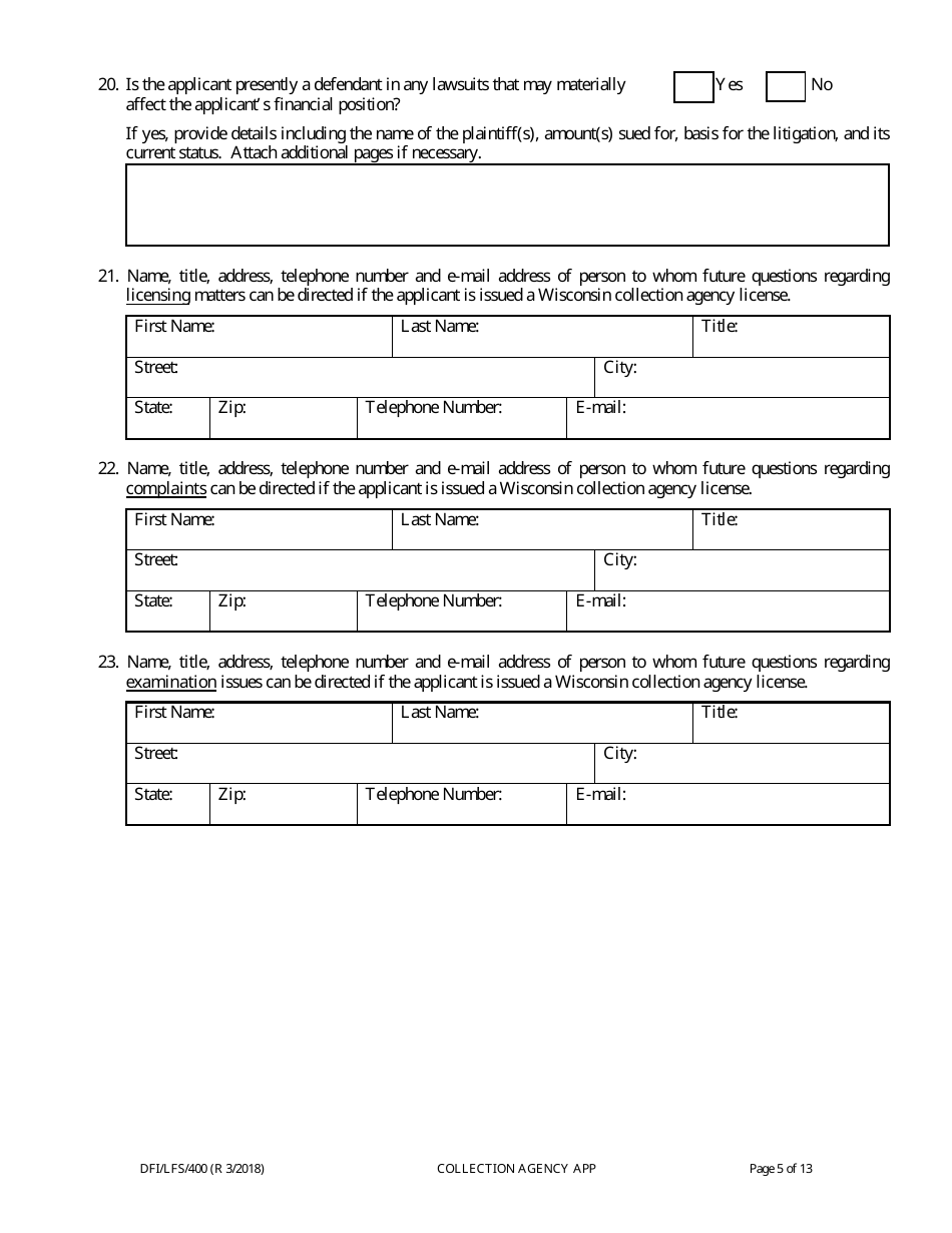 Form DFI / LFS / 400 Collection Agency License Application - Wisconsin, Page 9