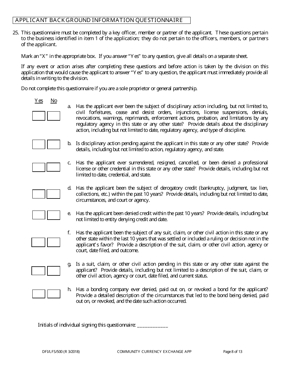 Form DFI / LFS / 500 Community Currency Exchange License Application - Wisconsin, Page 12