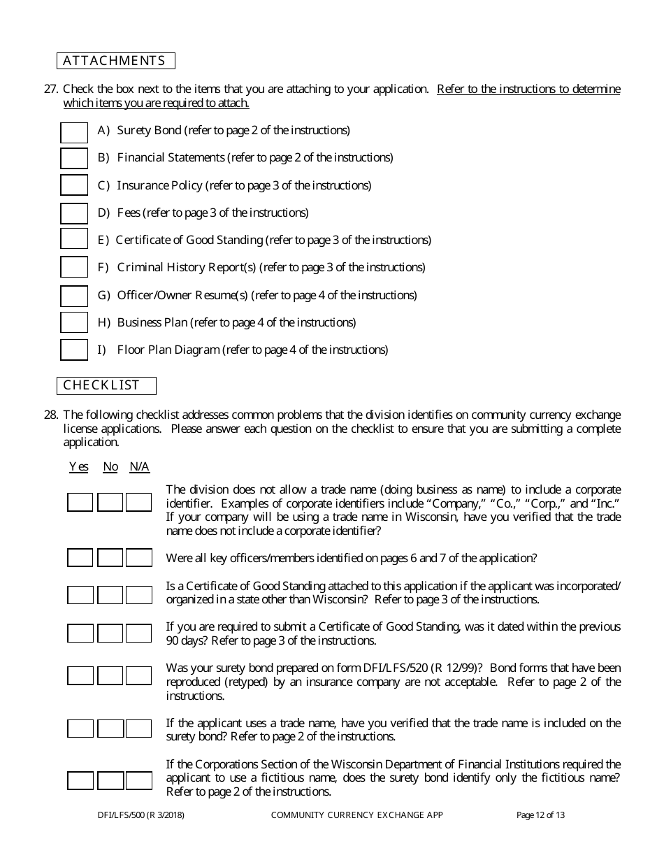Form DFI / LFS / 500 Community Currency Exchange License Application - Wisconsin, Page 16