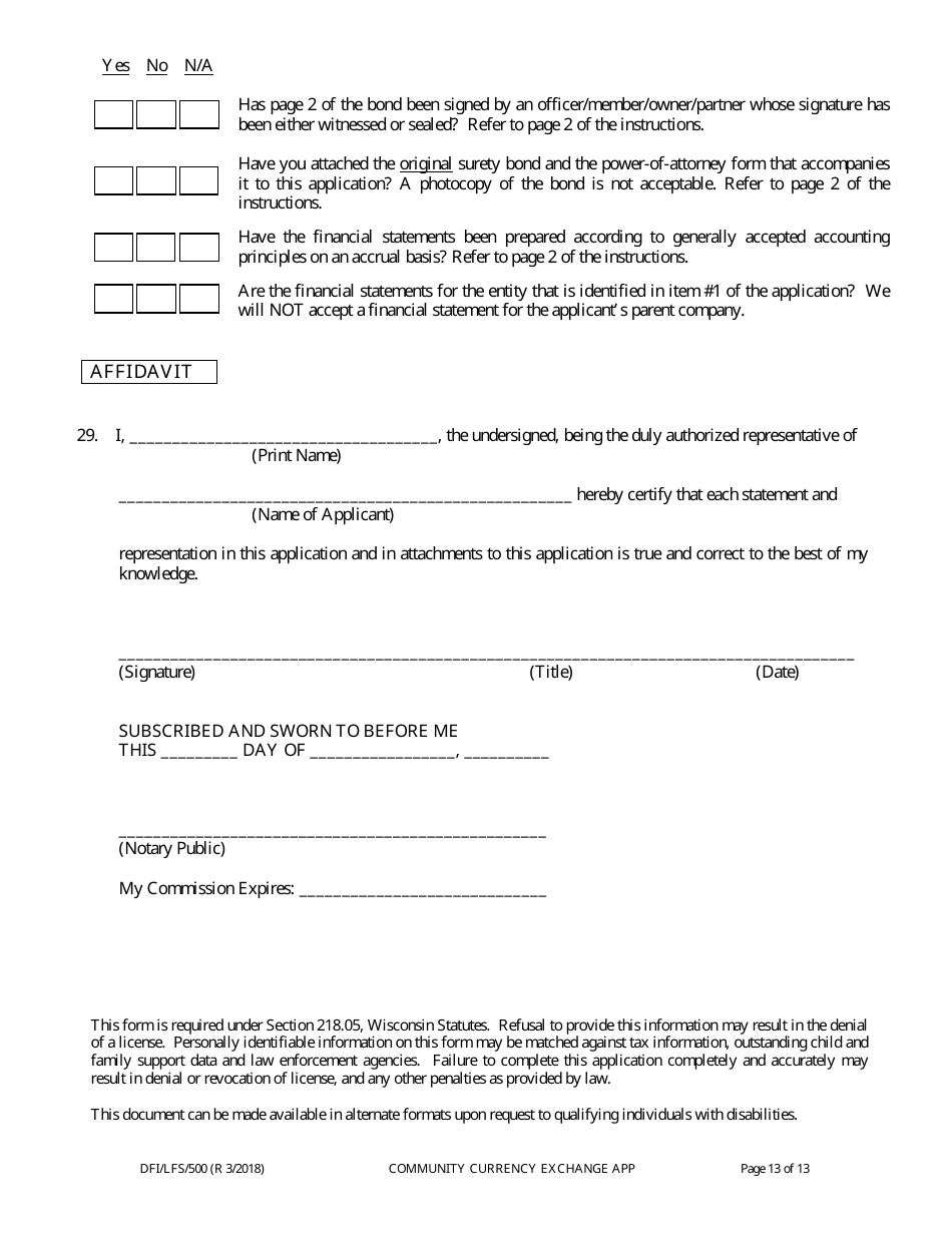 Form DFI / LFS / 500 Community Currency Exchange License Application - Wisconsin, Page 17