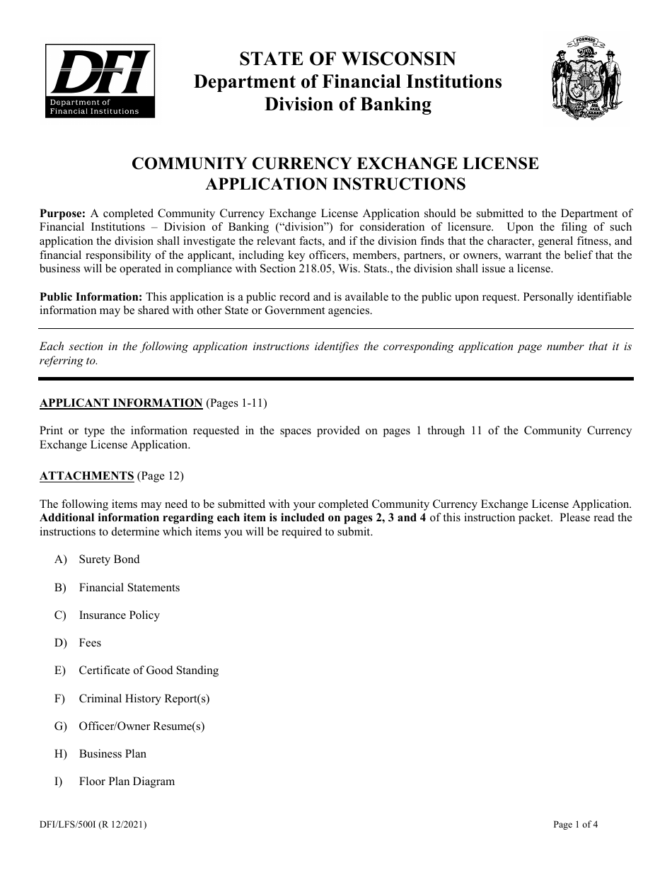 Form DFI / LFS / 500 Community Currency Exchange License Application - Wisconsin, Page 1