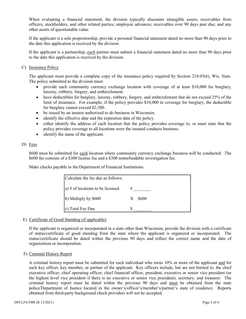 Form DFI / LFS / 500 Community Currency Exchange License Application - Wisconsin, Page 3