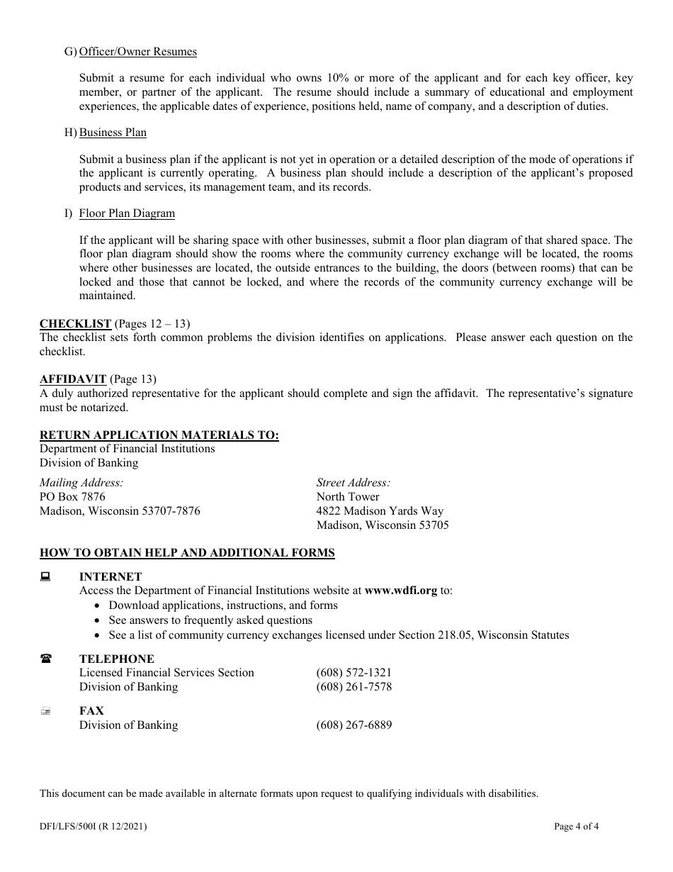Form DFI / LFS / 500 Community Currency Exchange License Application - Wisconsin, Page 4