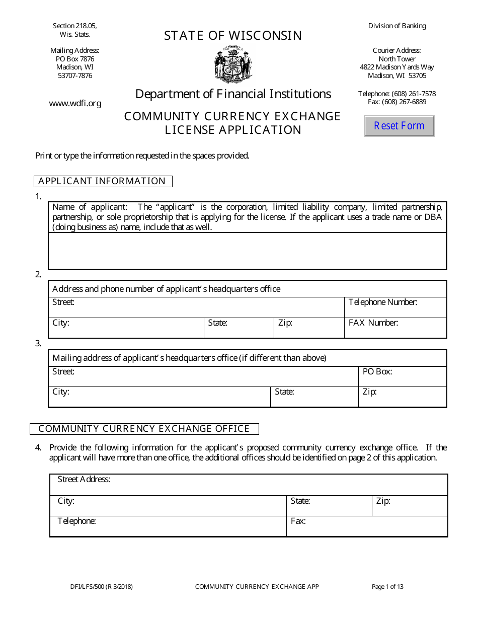 Form DFI / LFS / 500 Community Currency Exchange License Application - Wisconsin, Page 5