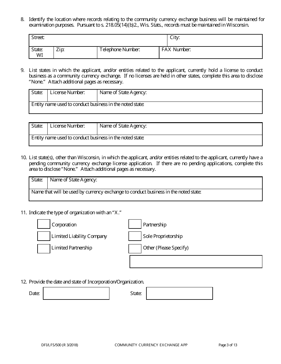 Form DFI / LFS / 500 Community Currency Exchange License Application - Wisconsin, Page 7