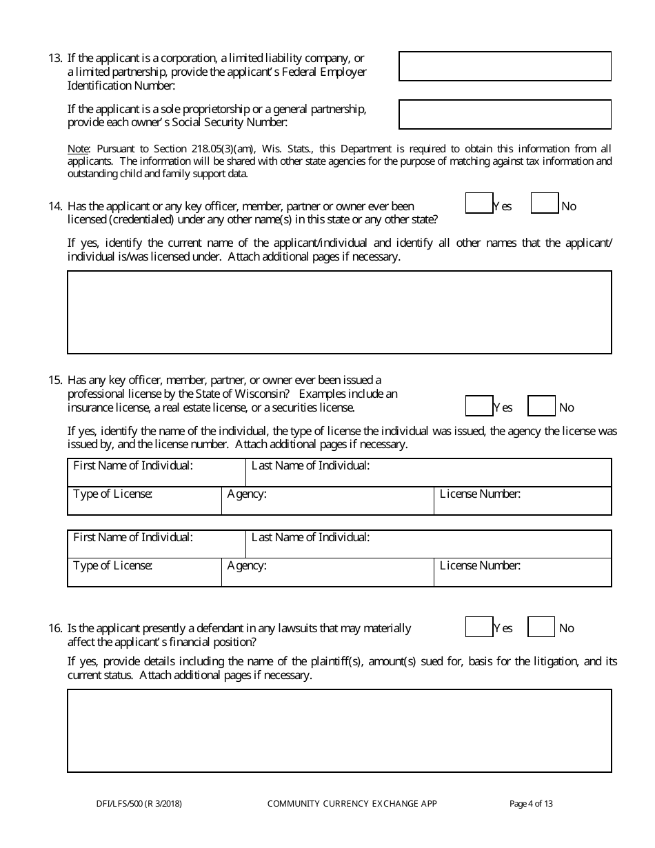 Form DFI / LFS / 500 Community Currency Exchange License Application - Wisconsin, Page 8
