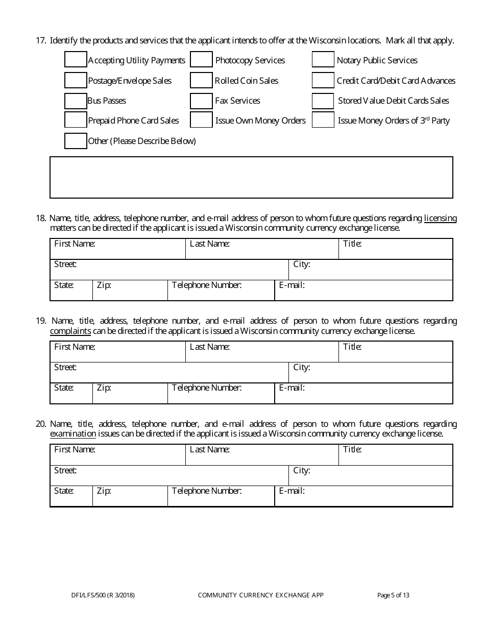 Form DFI / LFS / 500 Community Currency Exchange License Application - Wisconsin, Page 9