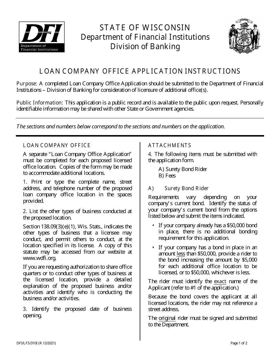 Form DFI / LFS / 310 Loan Company Office Application - Wisconsin, Page 1