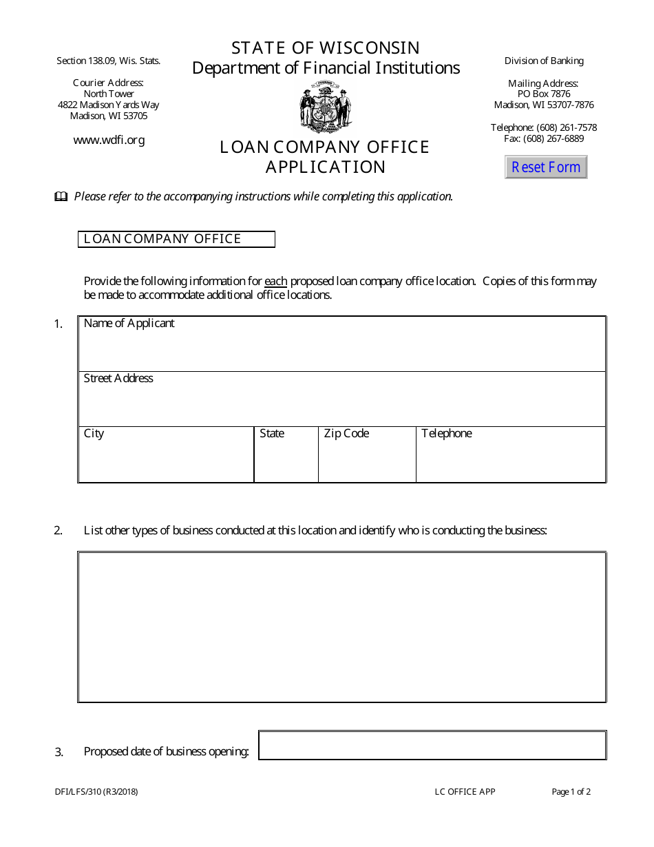 Form DFI / LFS / 310 Loan Company Office Application - Wisconsin, Page 3