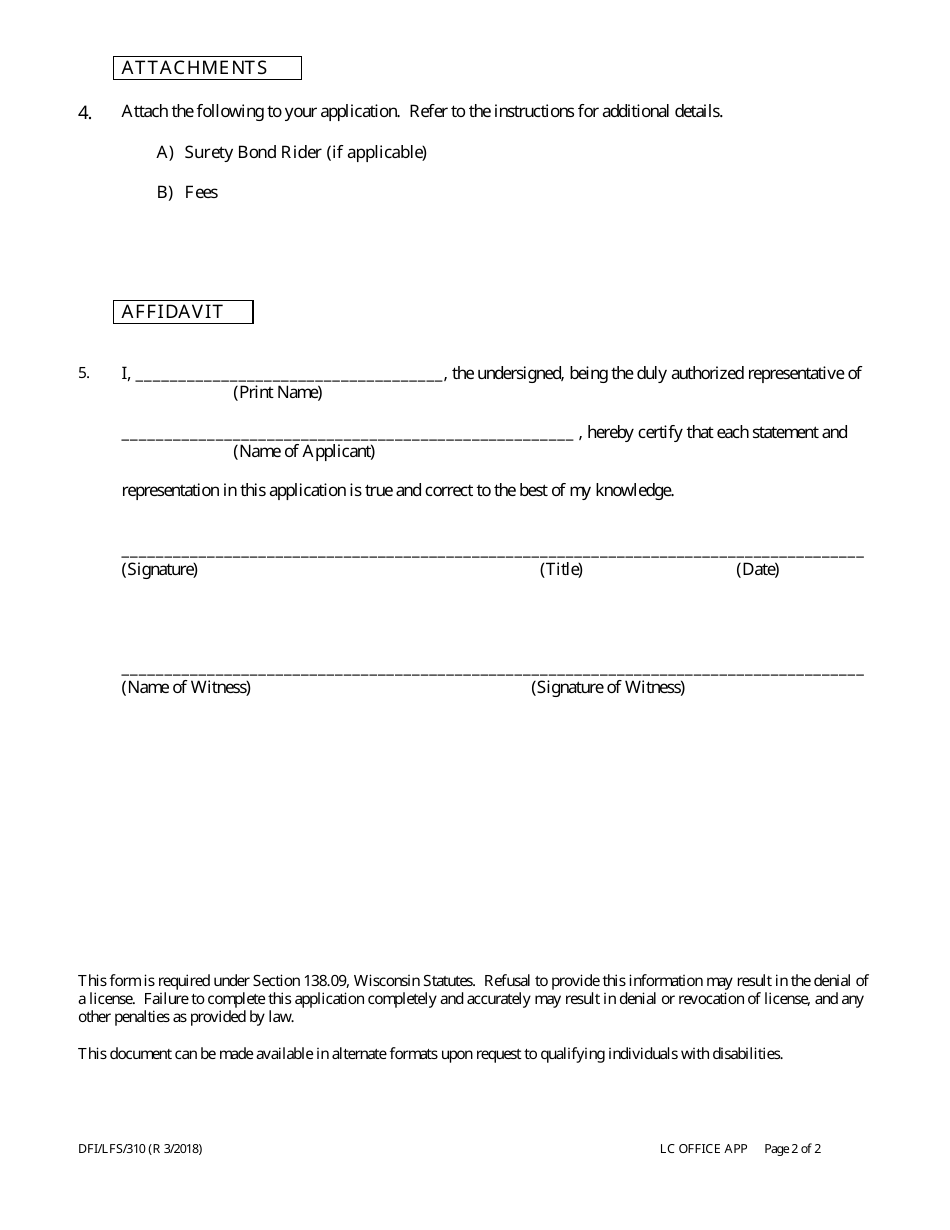 Form DFI / LFS / 310 Loan Company Office Application - Wisconsin, Page 4