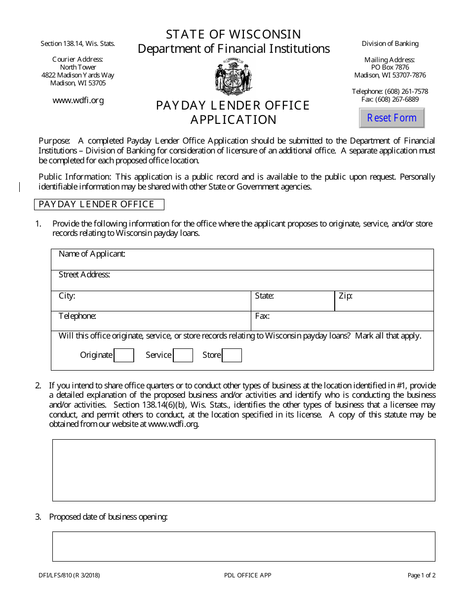 Form DFI / LFS / 810 Payday Lender Office Application - Wisconsin, Page 1