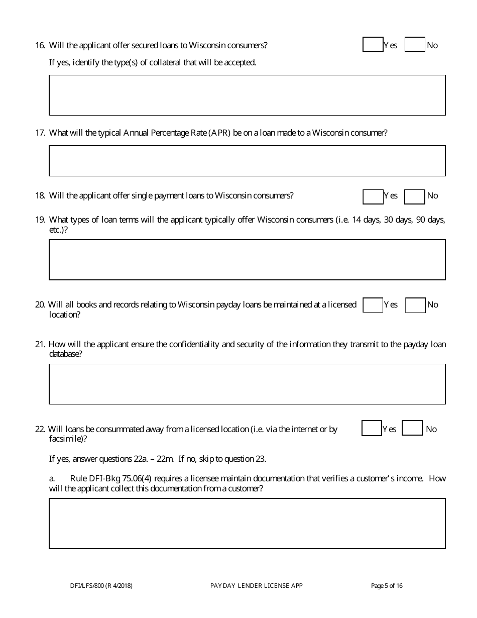 Form DFI / LFS / 800 Payday Lender License Application - Wisconsin, Page 10