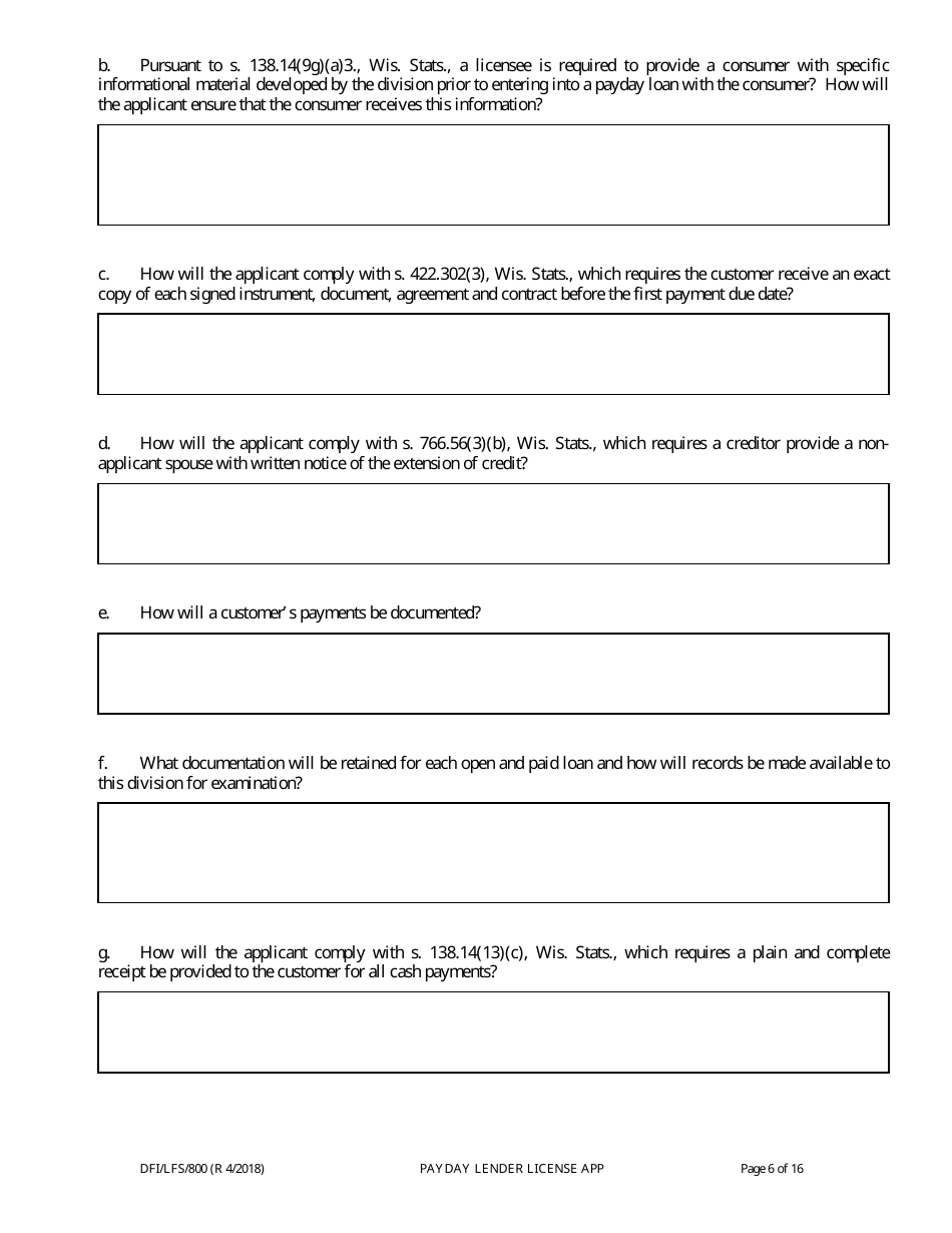 Form DFI / LFS / 800 Payday Lender License Application - Wisconsin, Page 11