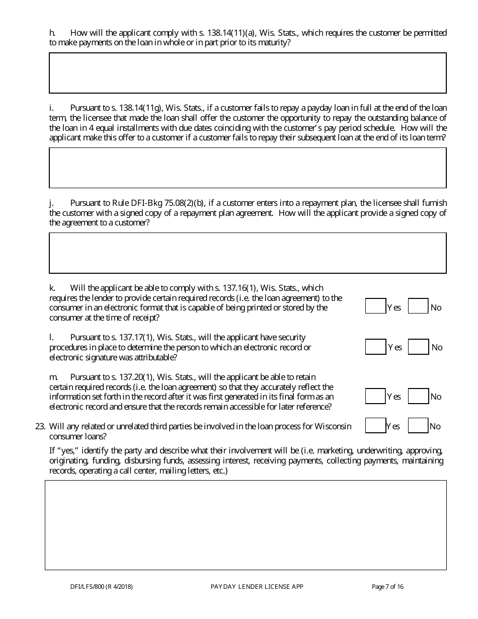 Form DFI / LFS / 800 Payday Lender License Application - Wisconsin, Page 12