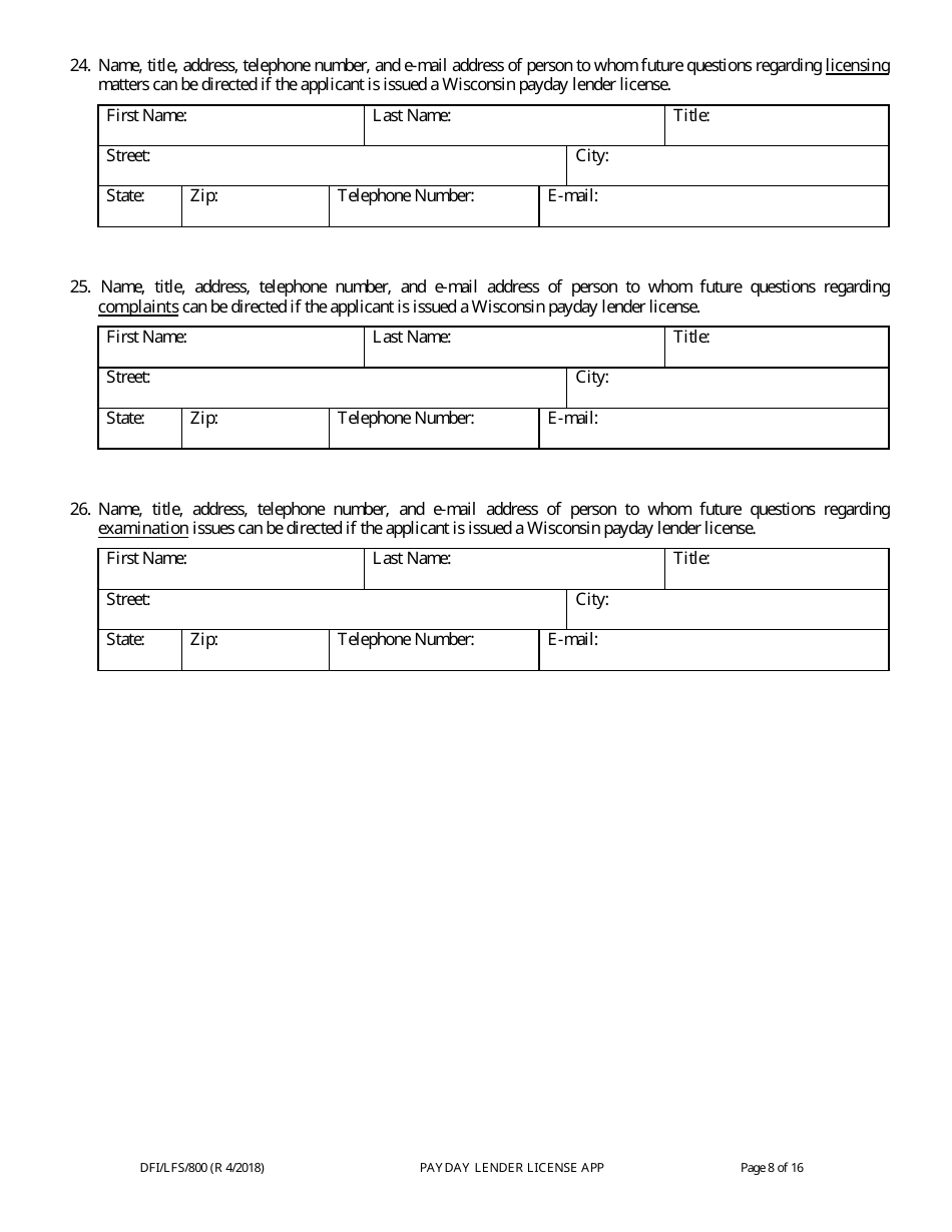 Form DFI / LFS / 800 Payday Lender License Application - Wisconsin, Page 13
