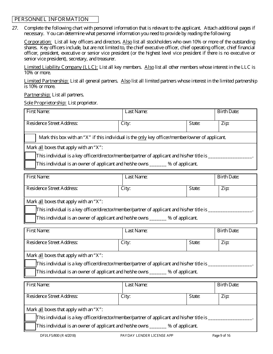 Form DFI / LFS / 800 Payday Lender License Application - Wisconsin, Page 14