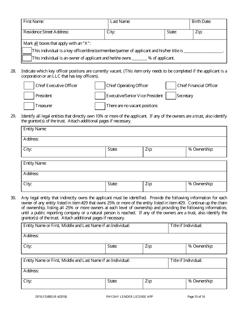 Form DFI / LFS / 800 Payday Lender License Application - Wisconsin, Page 15