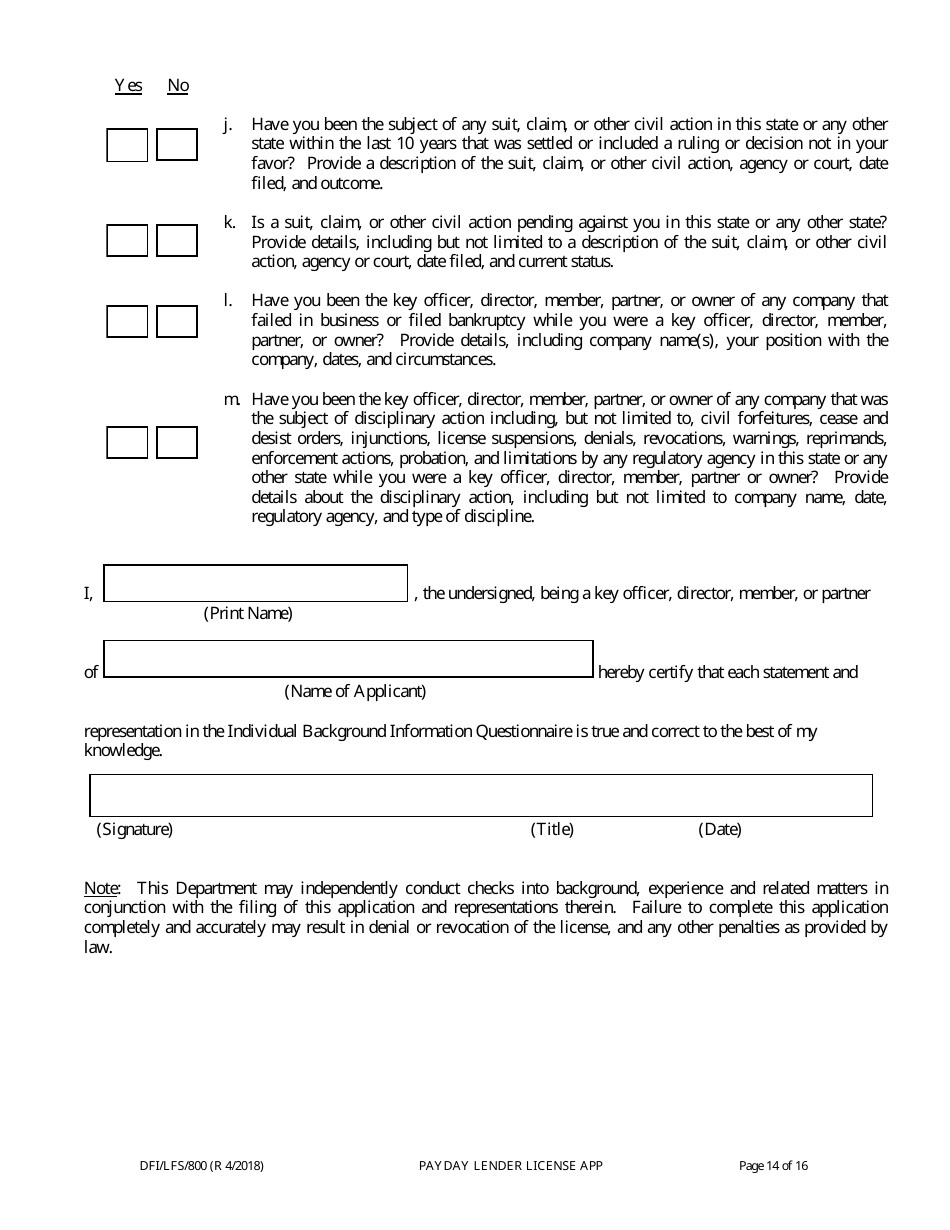 Form DFI / LFS / 800 Payday Lender License Application - Wisconsin, Page 19