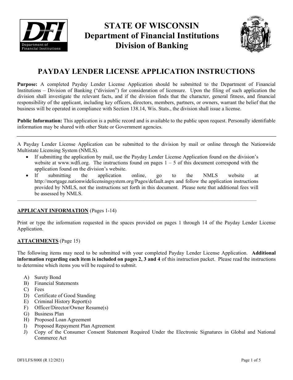 Form DFI / LFS / 800 Payday Lender License Application - Wisconsin, Page 1