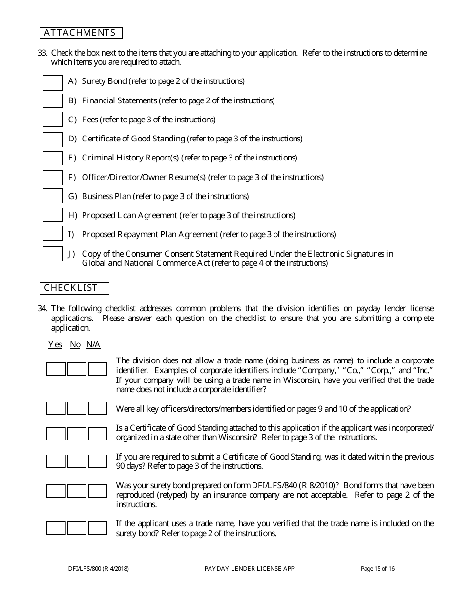 Form DFI / LFS / 800 Payday Lender License Application - Wisconsin, Page 20