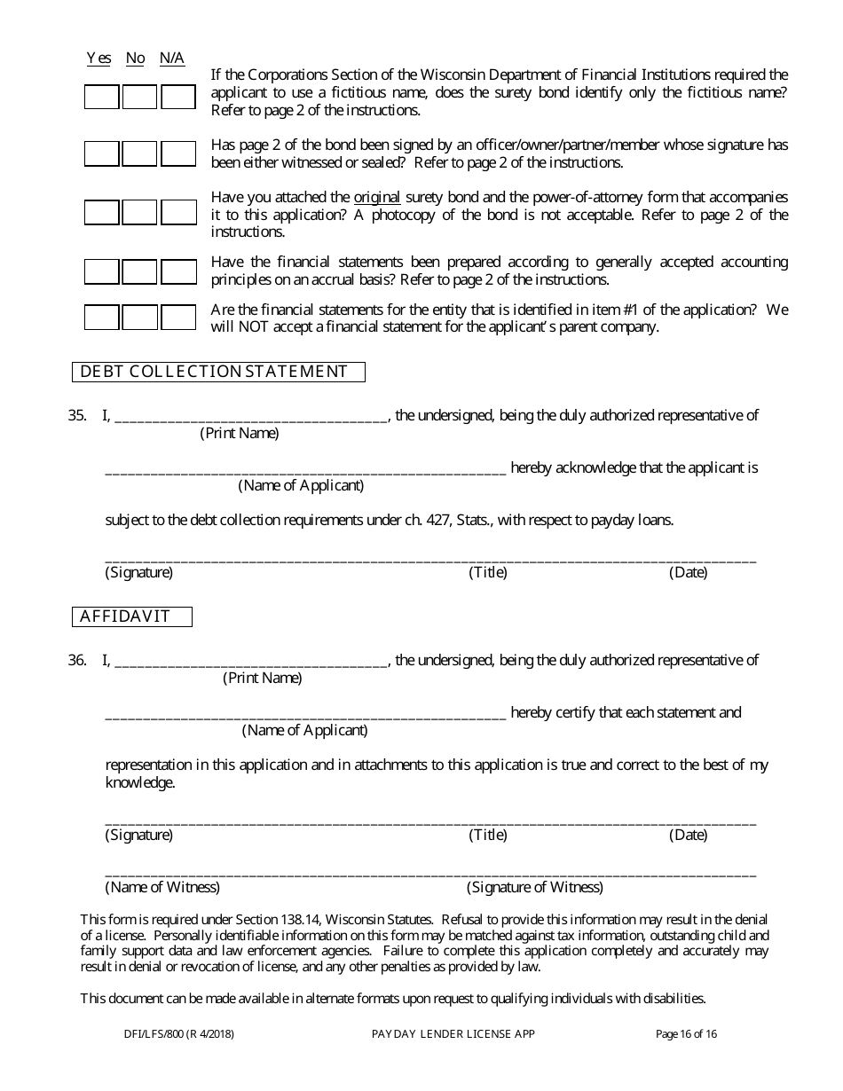 Form DFI / LFS / 800 Payday Lender License Application - Wisconsin, Page 21