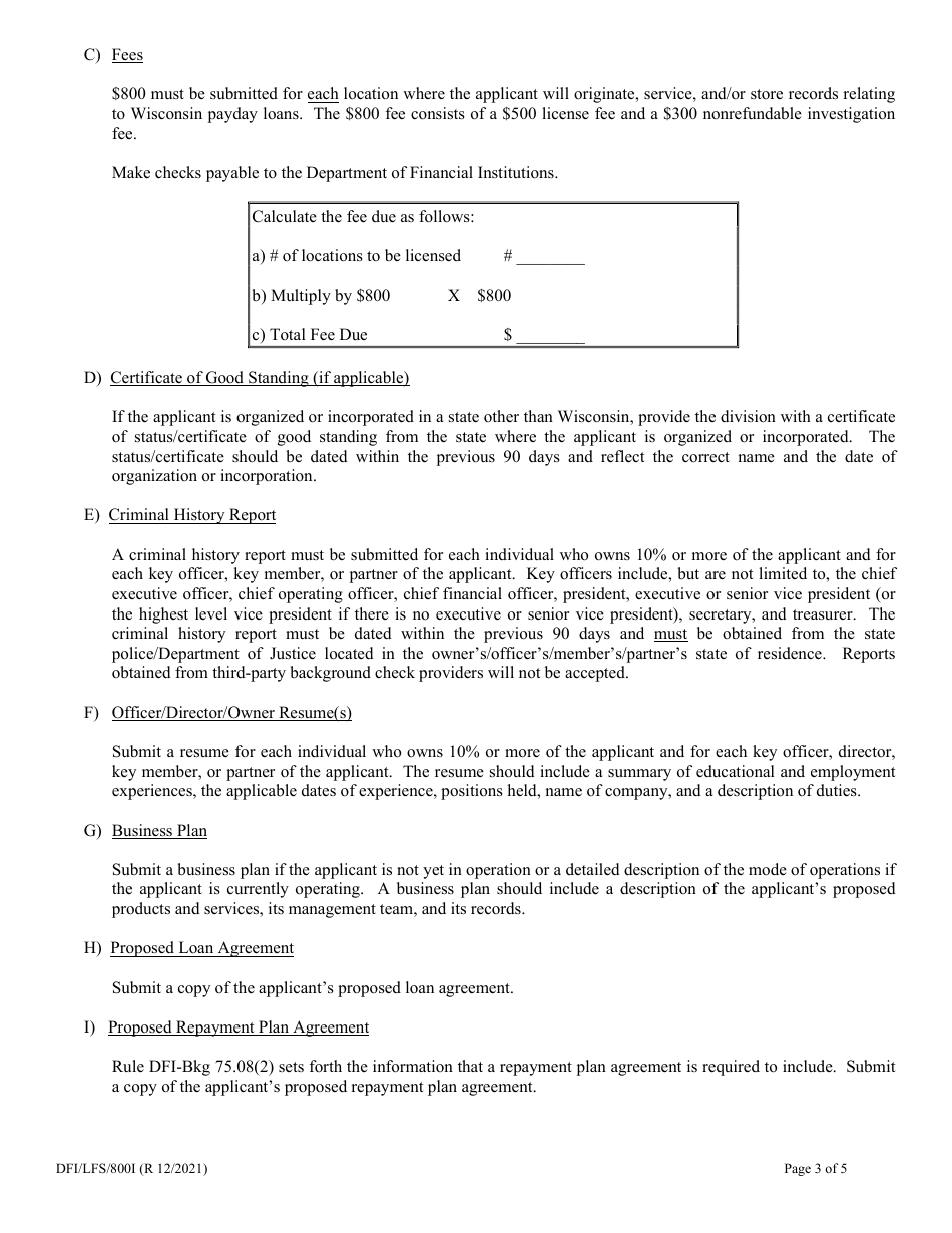 Form DFI / LFS / 800 Payday Lender License Application - Wisconsin, Page 3