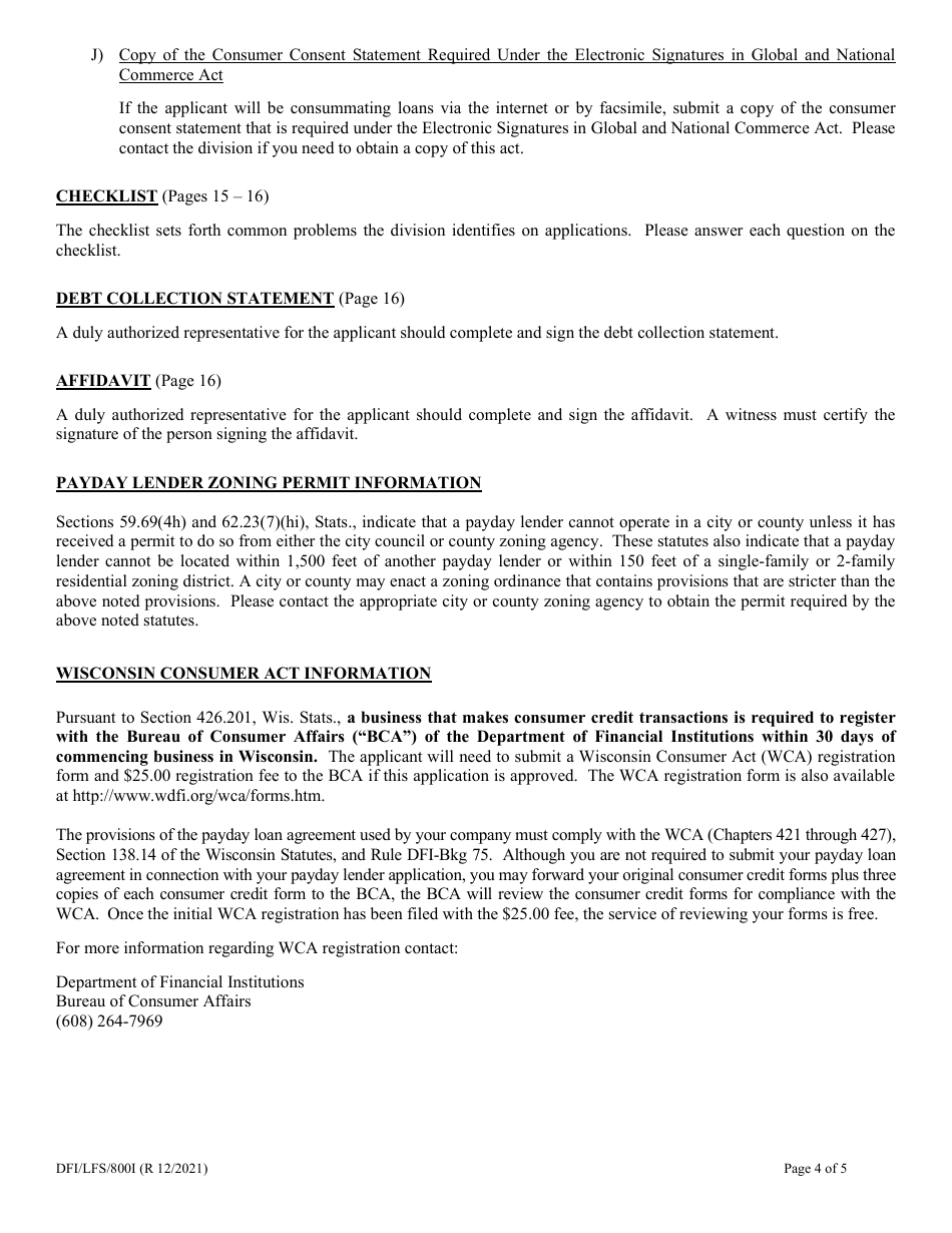 Form DFI / LFS / 800 Payday Lender License Application - Wisconsin, Page 4