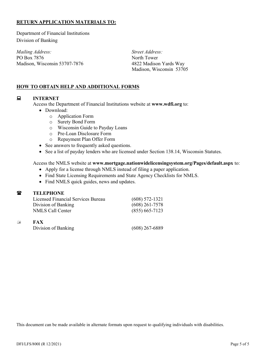 Form DFI / LFS / 800 Payday Lender License Application - Wisconsin, Page 5