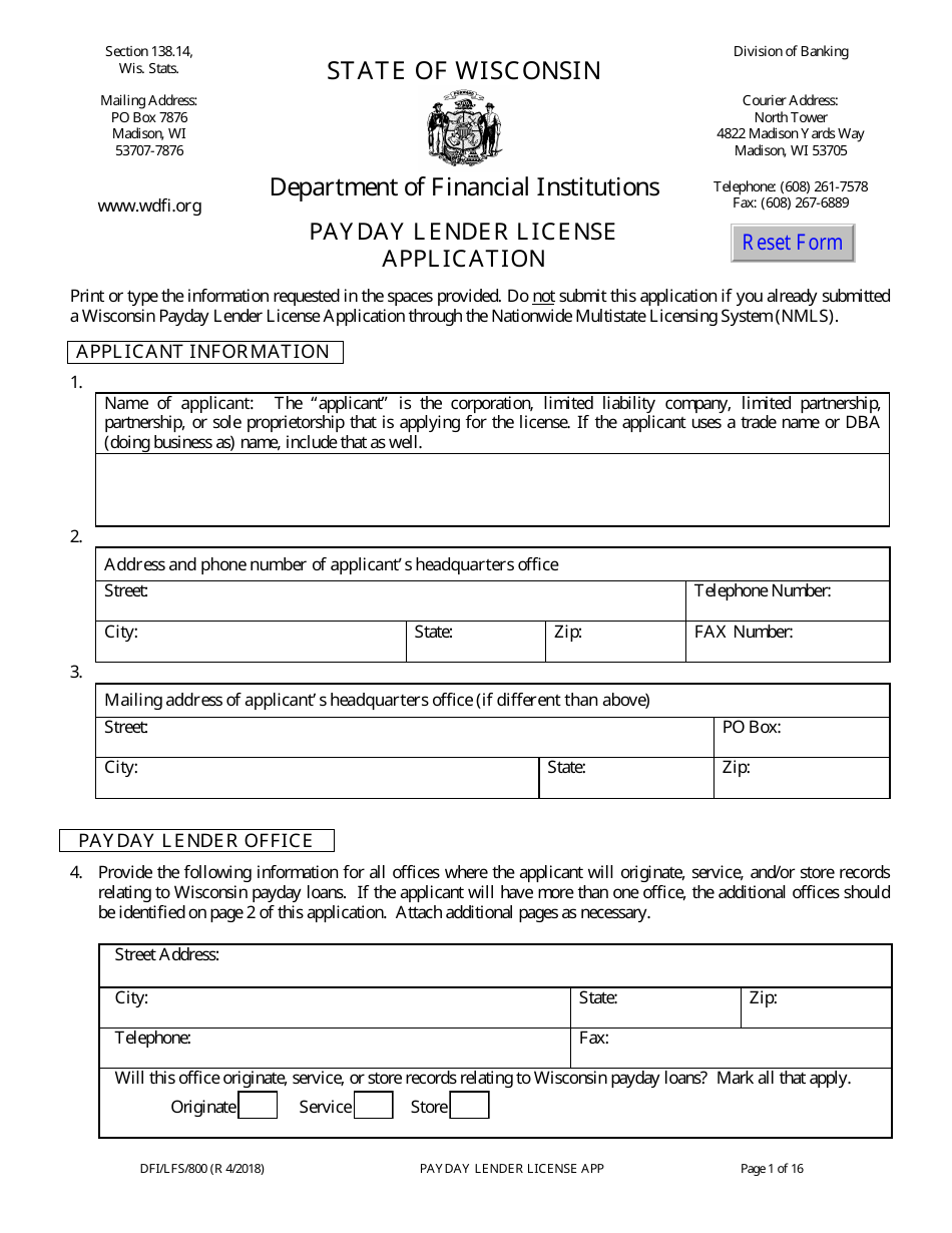 Form DFI / LFS / 800 Payday Lender License Application - Wisconsin, Page 6