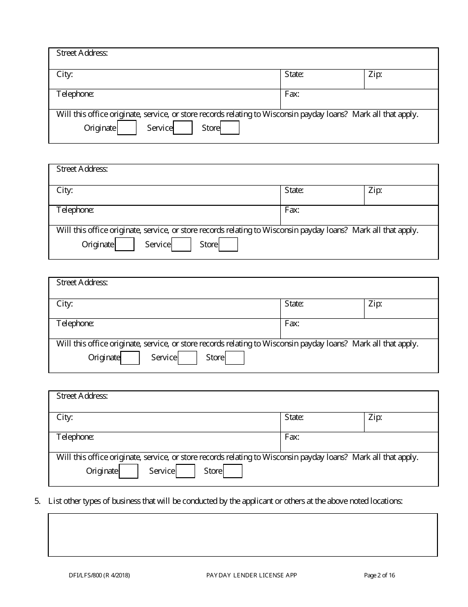 Form DFI / LFS / 800 Payday Lender License Application - Wisconsin, Page 7