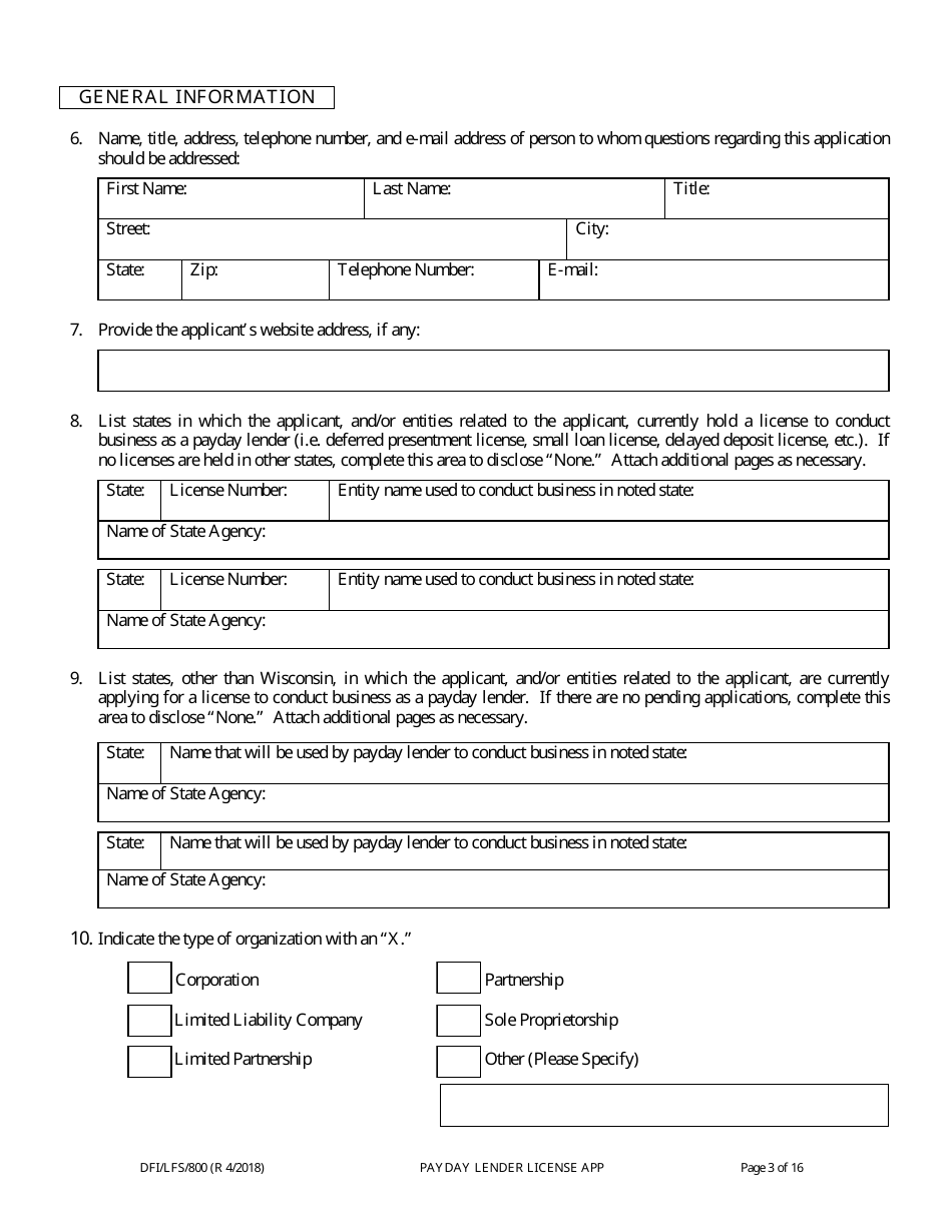 Form DFI / LFS / 800 Payday Lender License Application - Wisconsin, Page 8