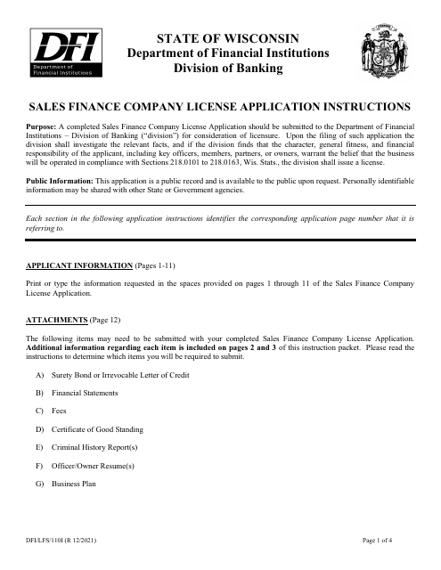Form DFI/LFS/110I Sales Finance Company License Application - Wisconsin