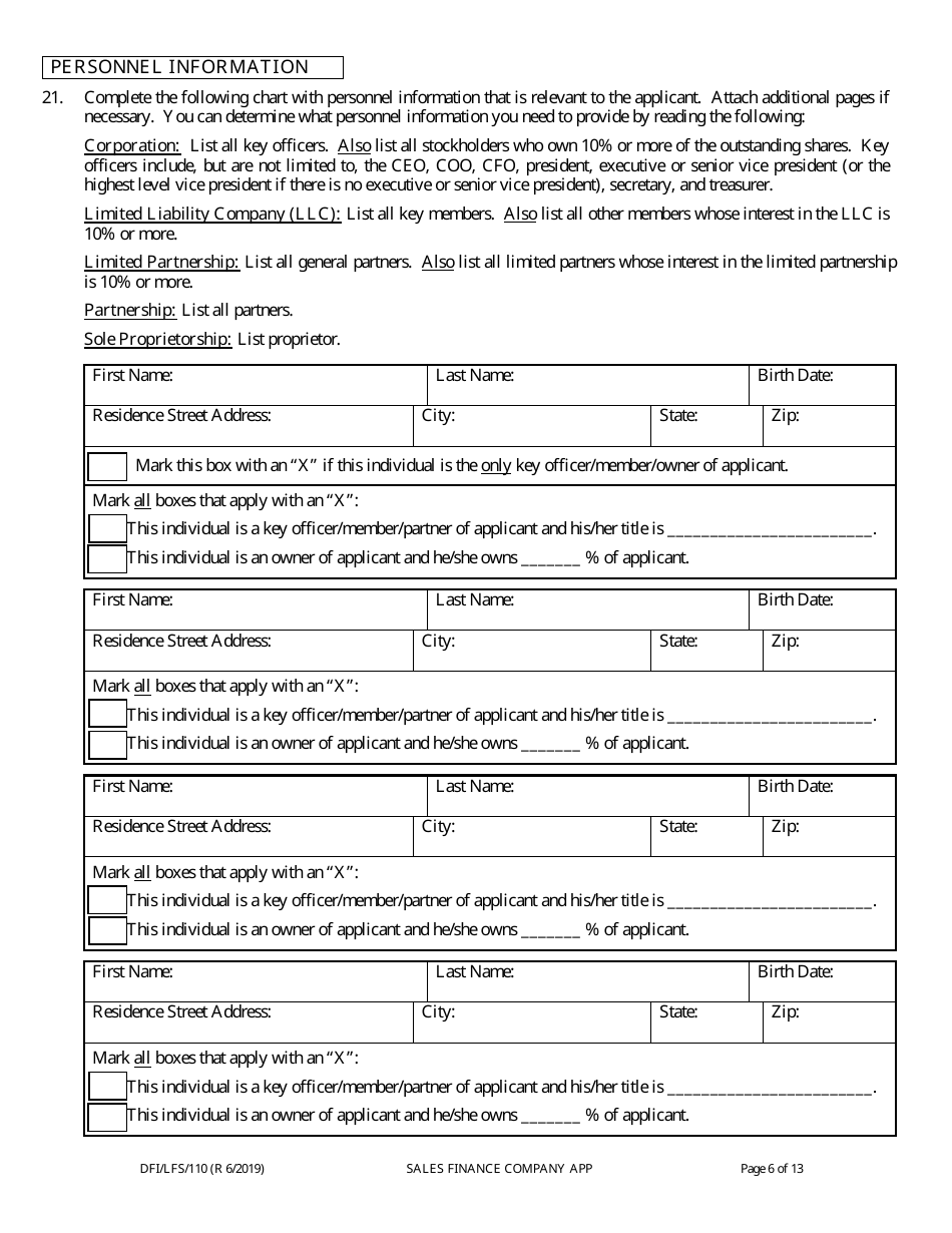 Form DFI / LFS / 110I Sales Finance Company License Application - Wisconsin, Page 10