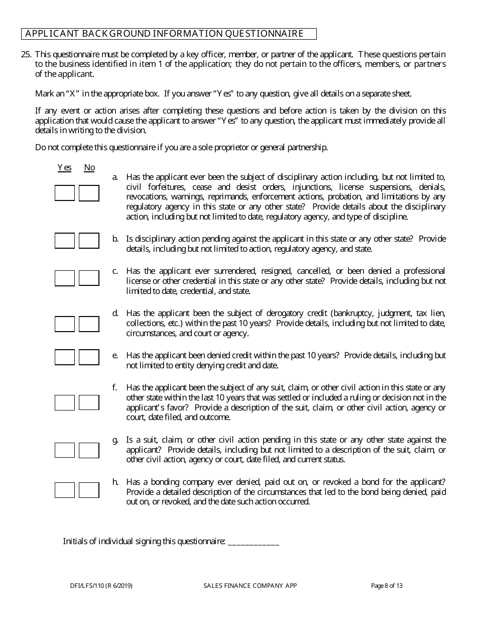 Form DFI / LFS / 110I Sales Finance Company License Application - Wisconsin, Page 12
