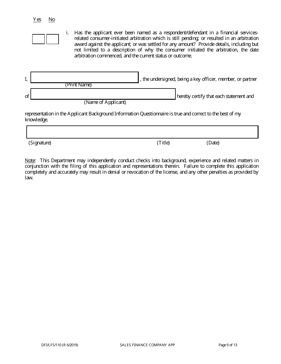 Form DFI / LFS / 110I Sales Finance Company License Application - Wisconsin, Page 13
