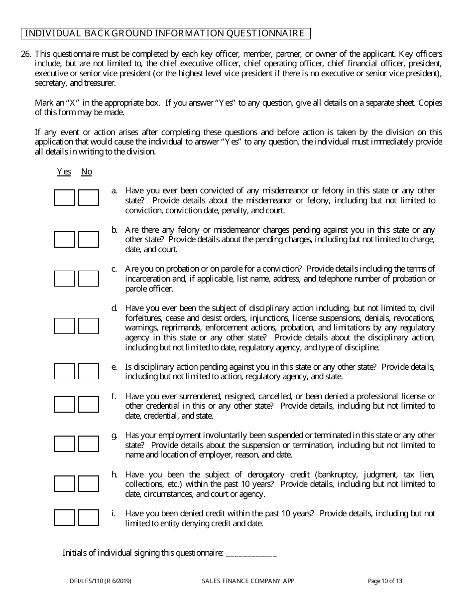 Form DFI / LFS / 110I Sales Finance Company License Application - Wisconsin, Page 14