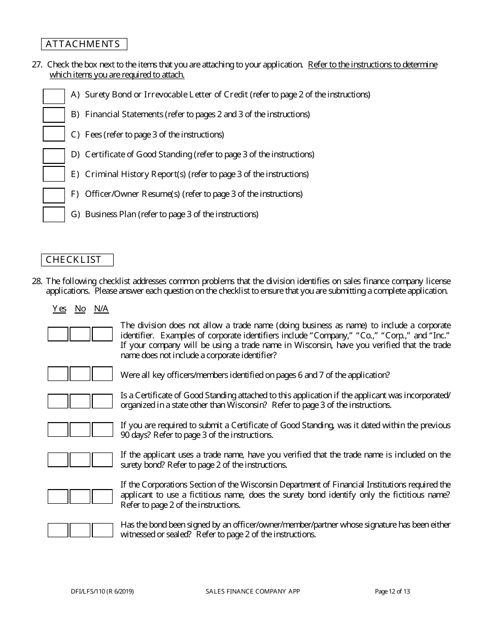 Form DFI / LFS / 110I Sales Finance Company License Application - Wisconsin, Page 16