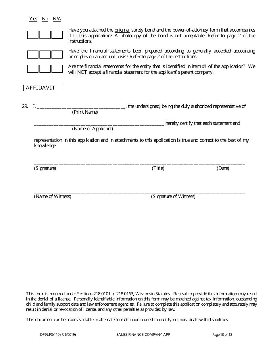 Form DFI / LFS / 110I Sales Finance Company License Application - Wisconsin, Page 17