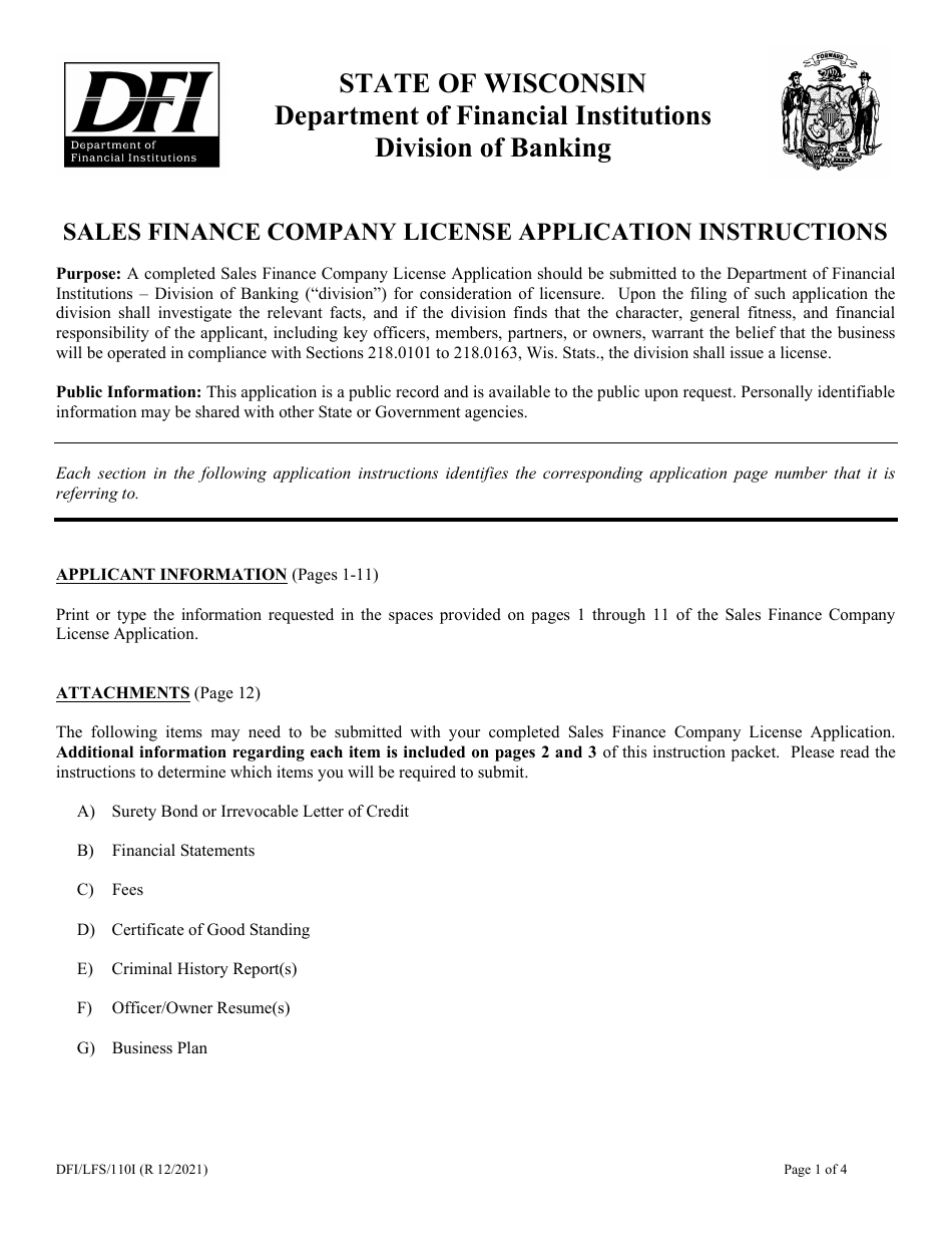 Form DFI / LFS / 110I Sales Finance Company License Application - Wisconsin, Page 1