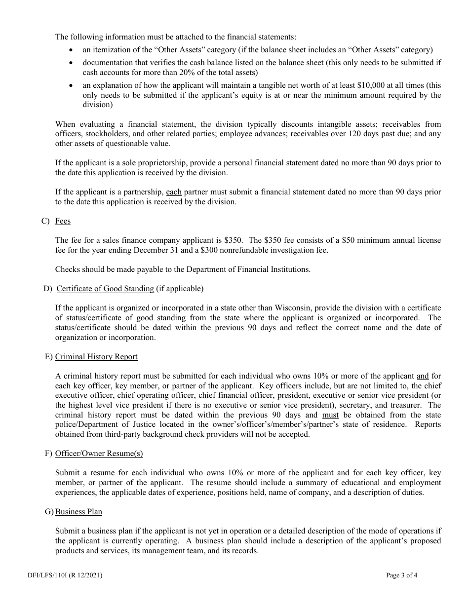 Form DFI / LFS / 110I Sales Finance Company License Application - Wisconsin, Page 3