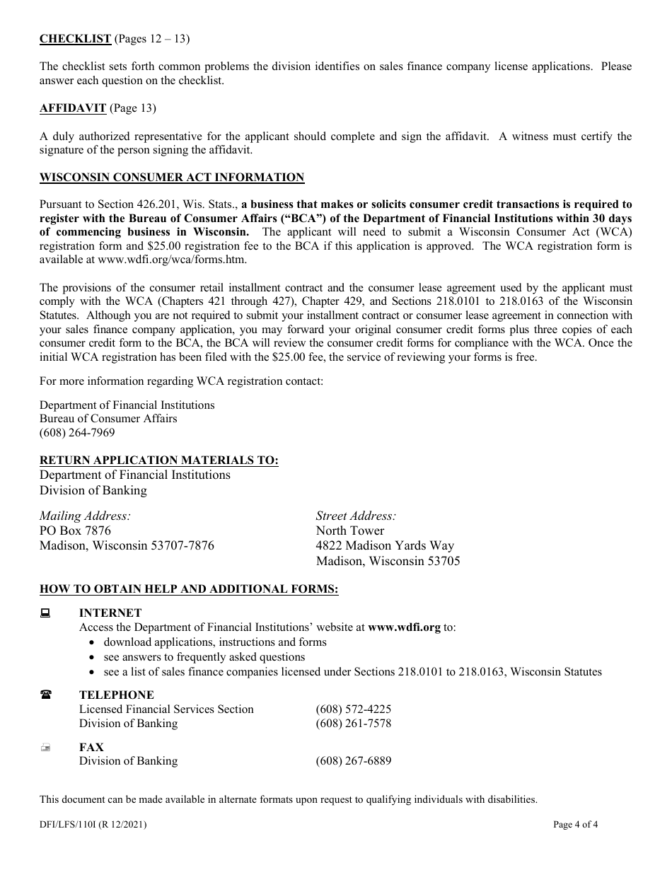 Form DFI / LFS / 110I Sales Finance Company License Application - Wisconsin, Page 4