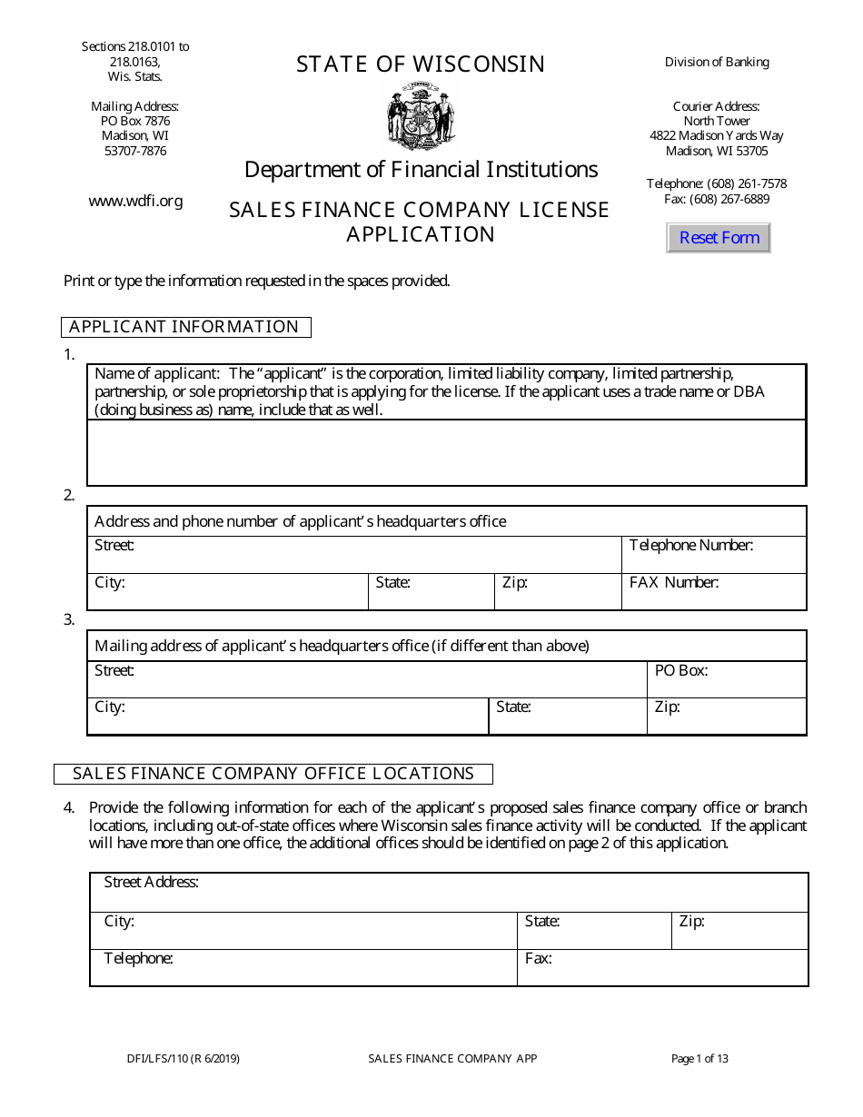 Form DFI / LFS / 110I Sales Finance Company License Application - Wisconsin, Page 5