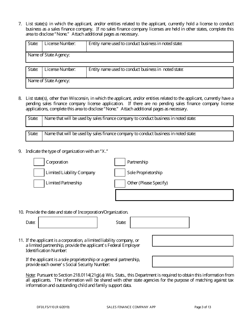 Form DFI / LFS / 110I Sales Finance Company License Application - Wisconsin, Page 7