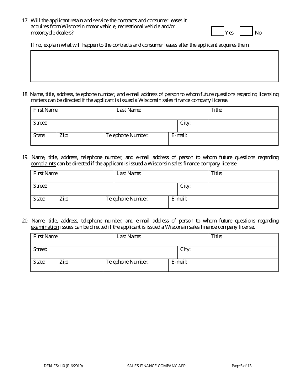 Form DFI / LFS / 110I Sales Finance Company License Application - Wisconsin, Page 9