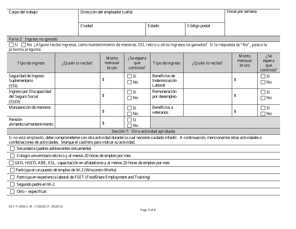 Formulario DCF-F-2836-S Entrevista De Cuidado Infantil De Wisconsin Shares - Wisconsin (Spanish), Page 5